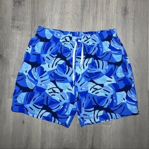 Blue Leaf Print Men's Swim Shorts